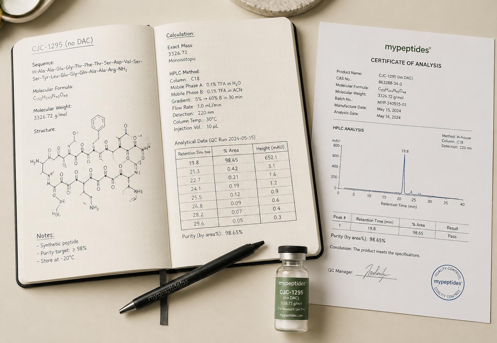 Research notebook, CoA and peptide vial on a lab desk